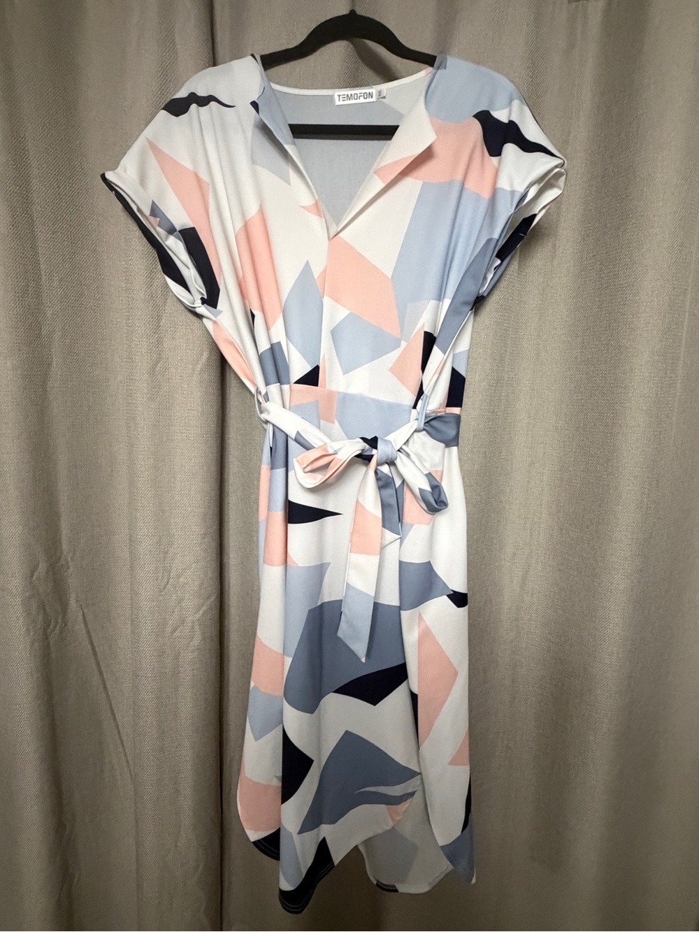Amazon Women's Pastel Geometric Midi Dress in Blush Pink, Light Blue & Navy